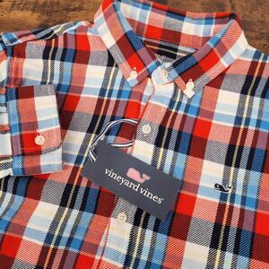 NEW Vineyard Vines Boys Flannel‎ Twill Shirt Red White Blue Plaid Size Large